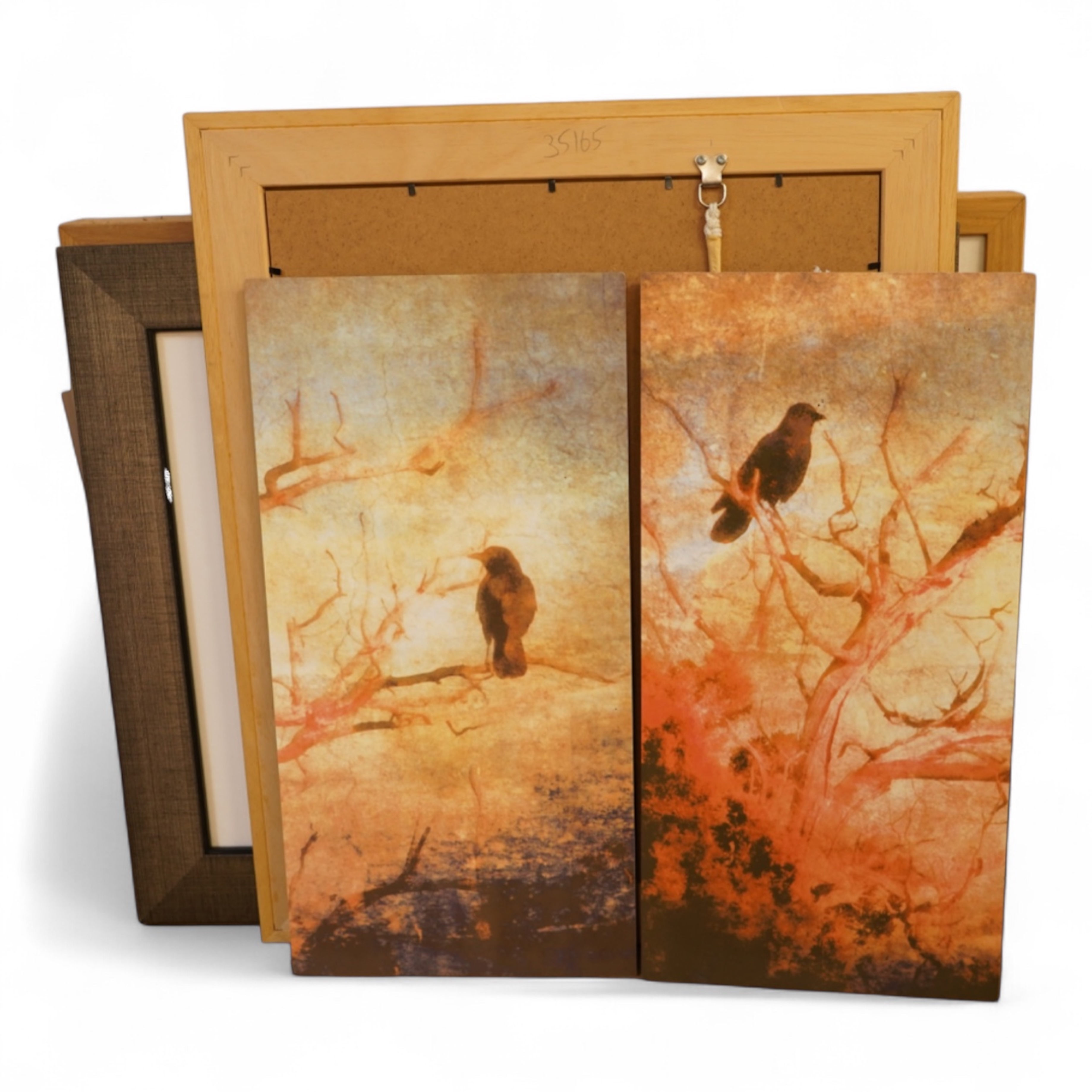 Three photographic prints to include one by Valda Bailey (contemporary), abstract composition, signed and limited edition 3/10, and a pair of prints on metal by Karen Waters, birds, signed verso, largest 32 x 48cm, Prove